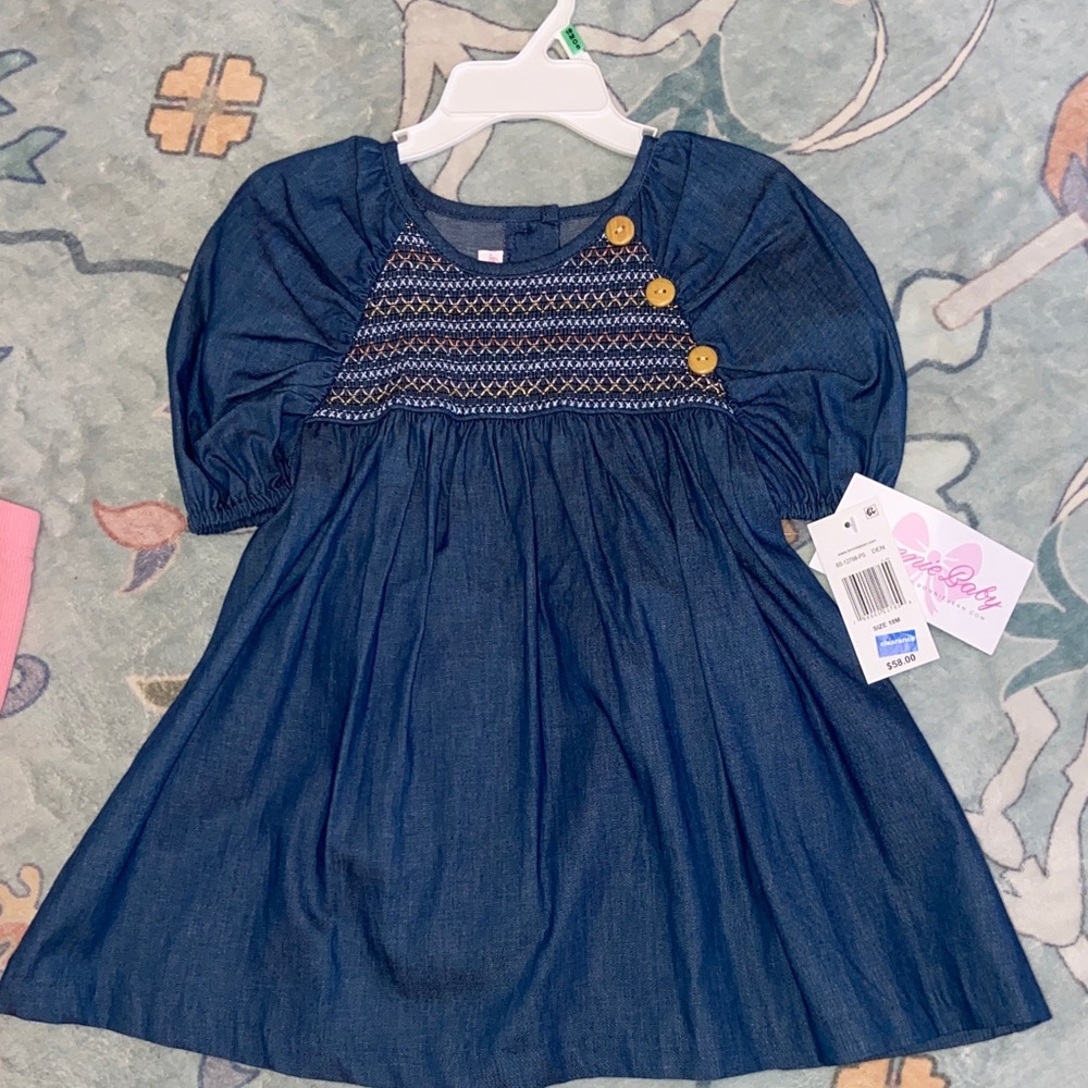 Girls Navy Smocked Denim Dress with Button Detail